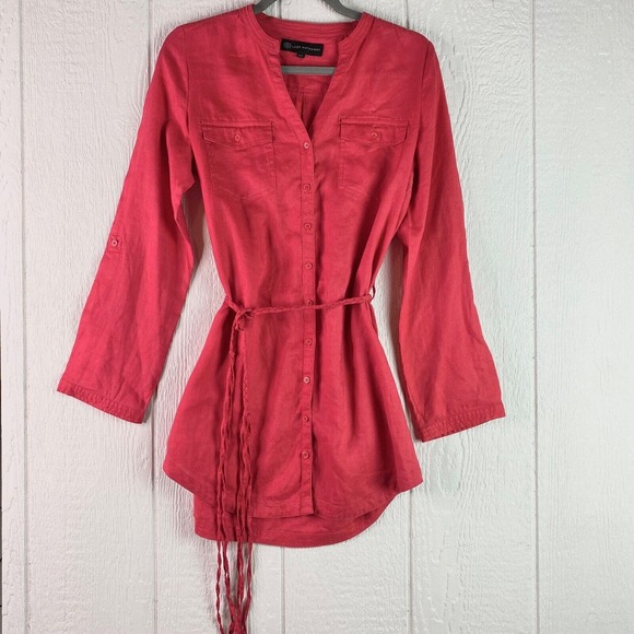 Lady Hathaway Button Up Red Tunic S/P Braided Fringe Belt 100% Linen Valentine's - Picture 2 of 16